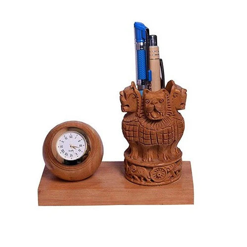 Wooden Watch Carved Pen Holder Table Top Décor