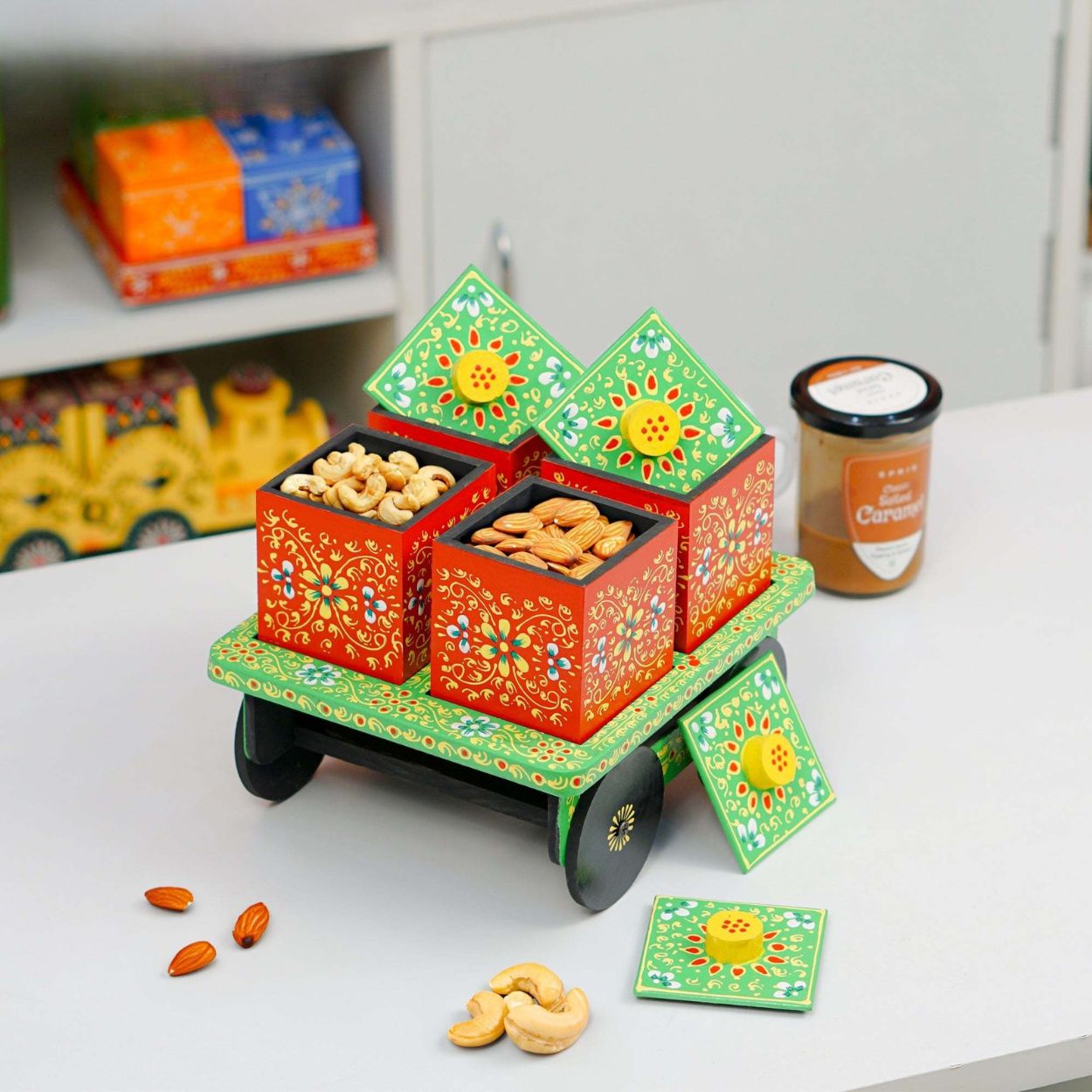 Dry Fruit Box Set of 4 With Trolley Cart - Green Main image