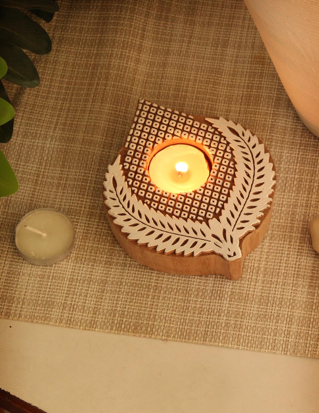Wooden Hand block Leaf Shaped Diya pair Main image