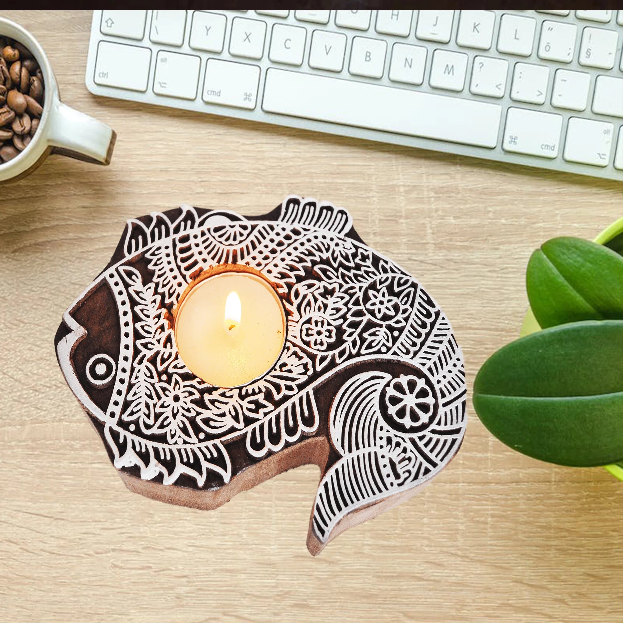 Wooden Hand block Fish Shape Diya pair Main image