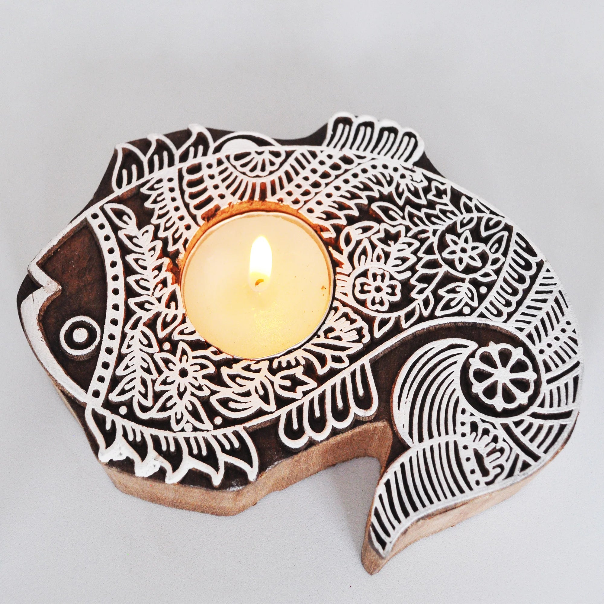 Wooden Hand block Fish Shape Diya pair Secondary image