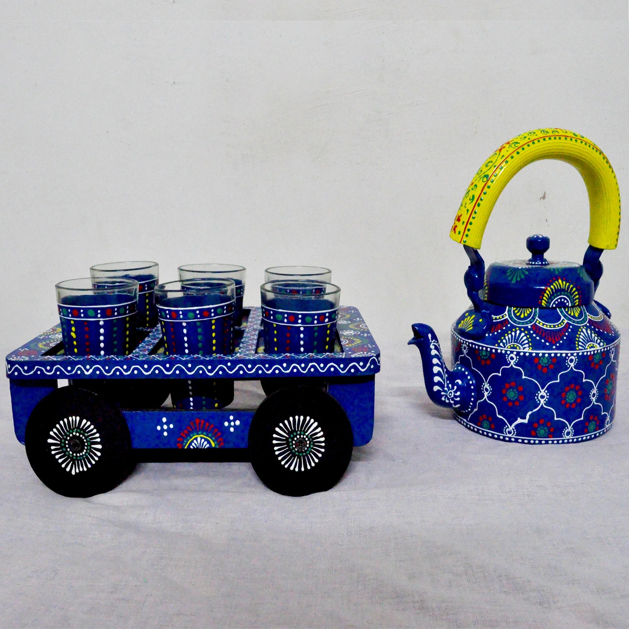 Wooden Kettle Tea Cart With 6 Glasses Set Main image