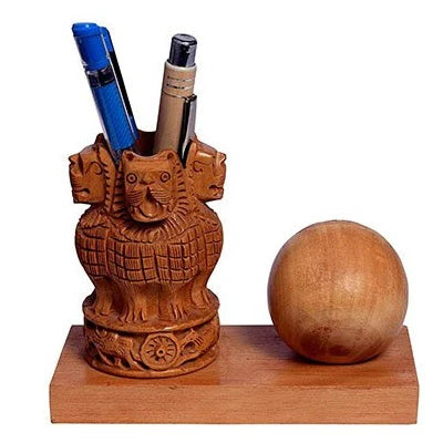 Wooden Watch Carved Pen Holder Table Top Décor