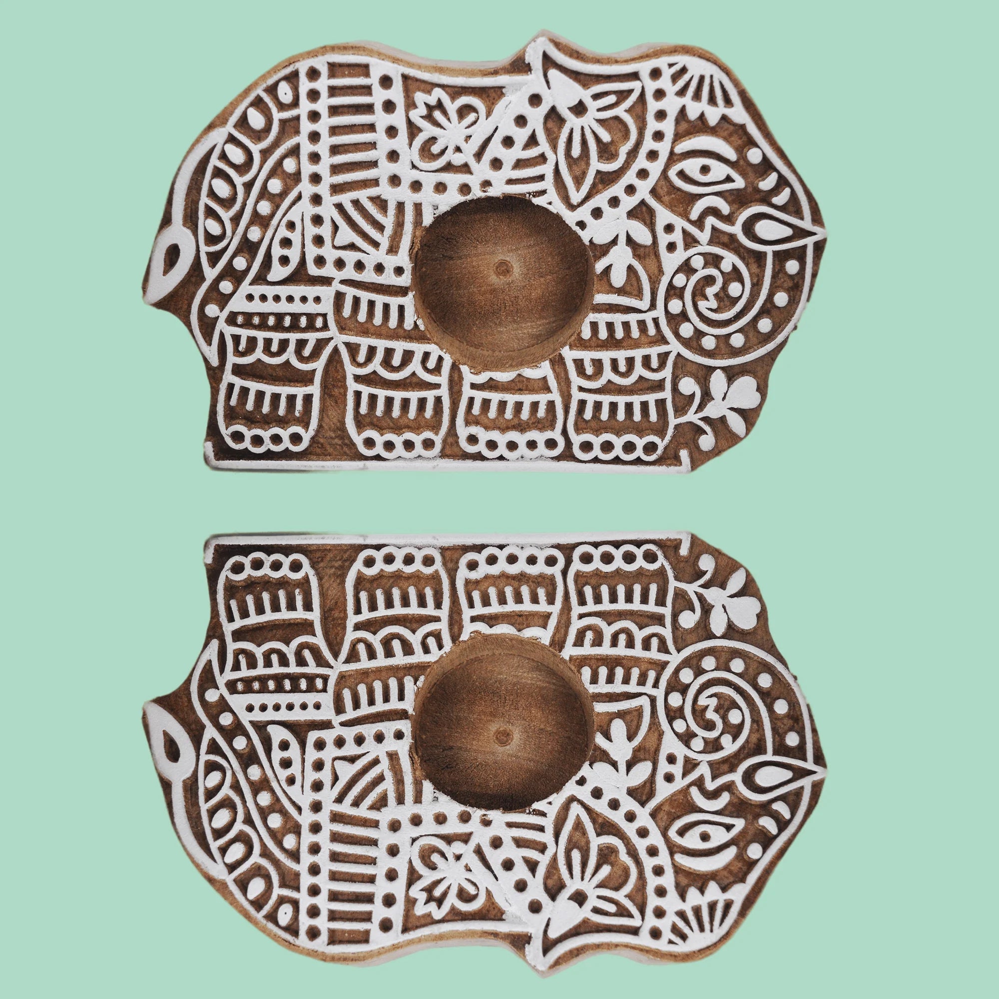 Wooden Hand block Elephant Shape Diya pair