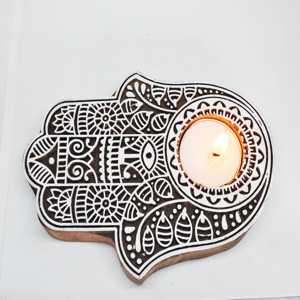 Wooden Hand block Hand Shape Diya pair