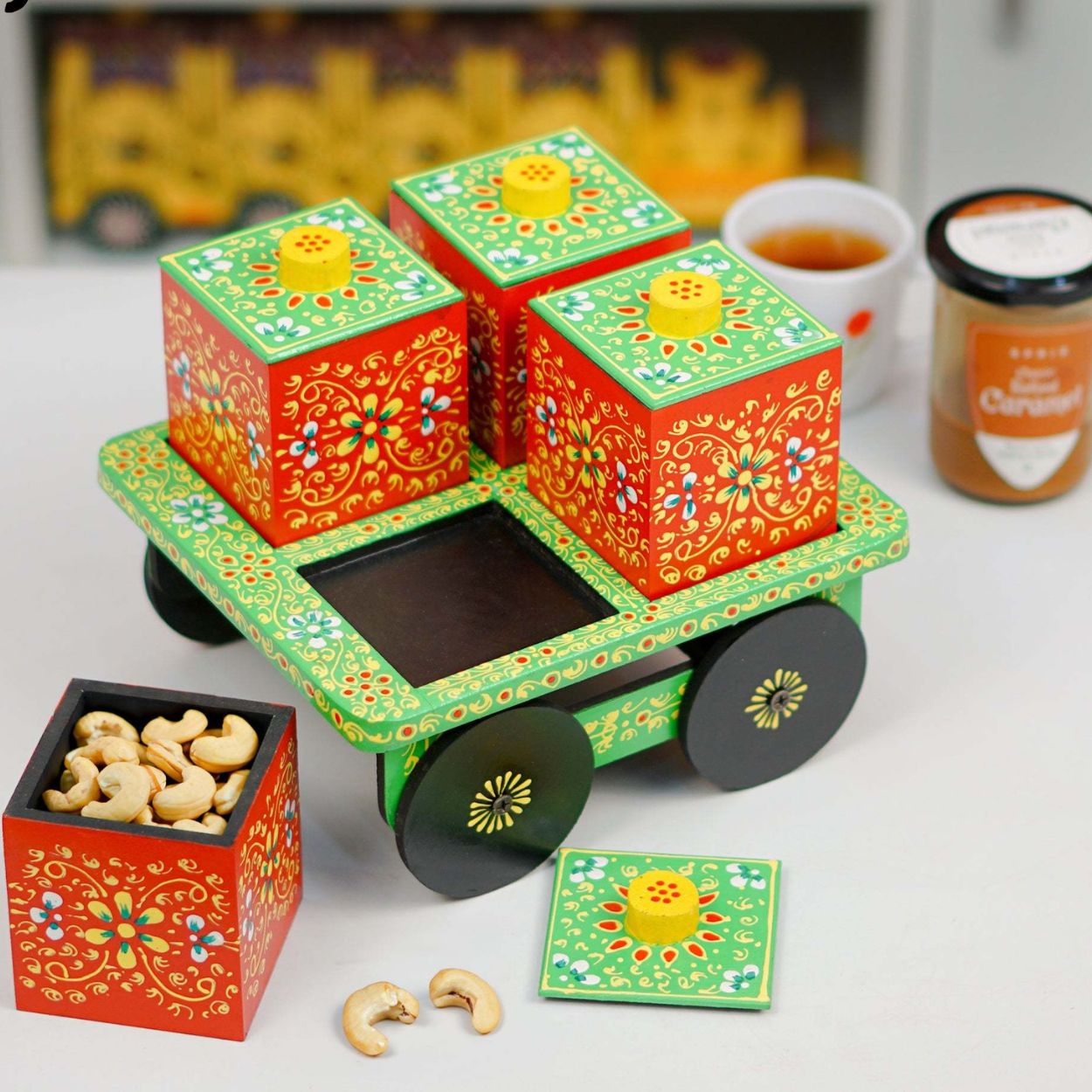 Dry Fruit Box Set of 4 With Trolley Cart - Green