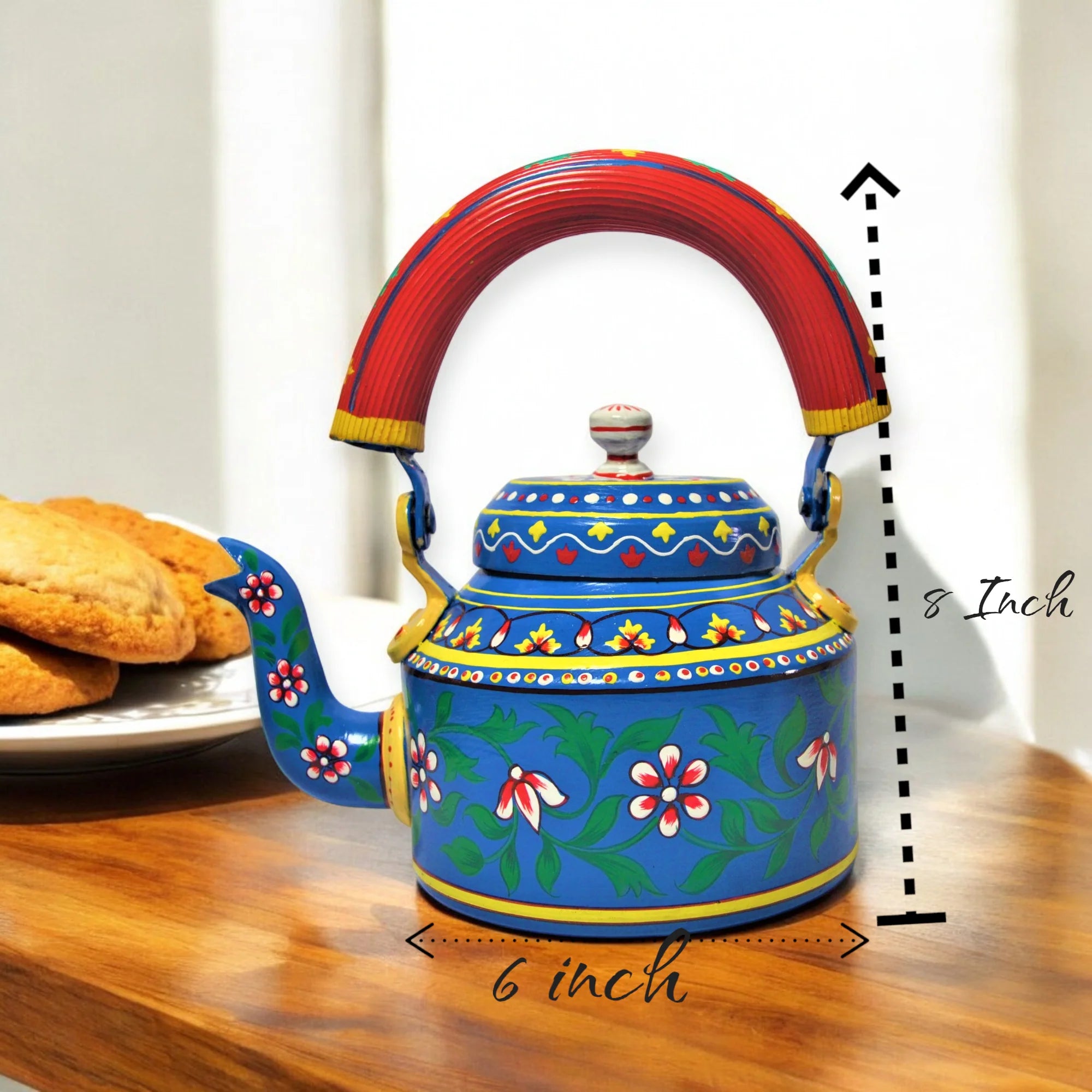Hand Painted Aluminium Kettle Jute Stand 6 Glass Set Blue Secondary image