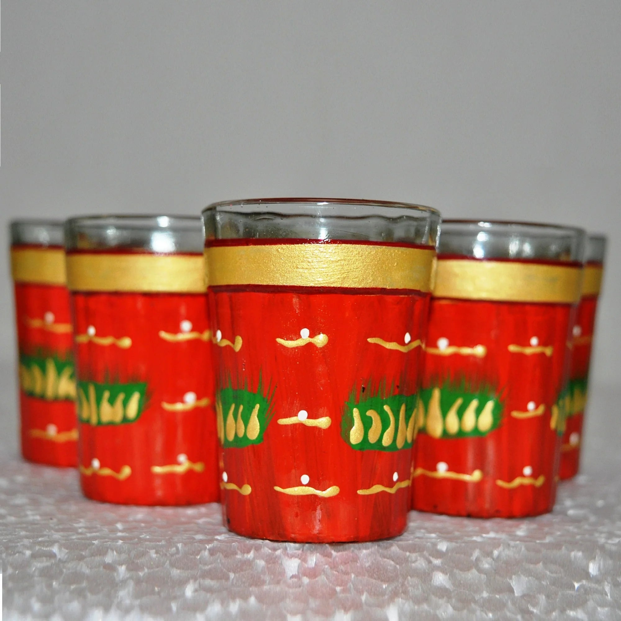 Decorative Hand Painted Flower Tea Glass Set with Stand - Dark Red