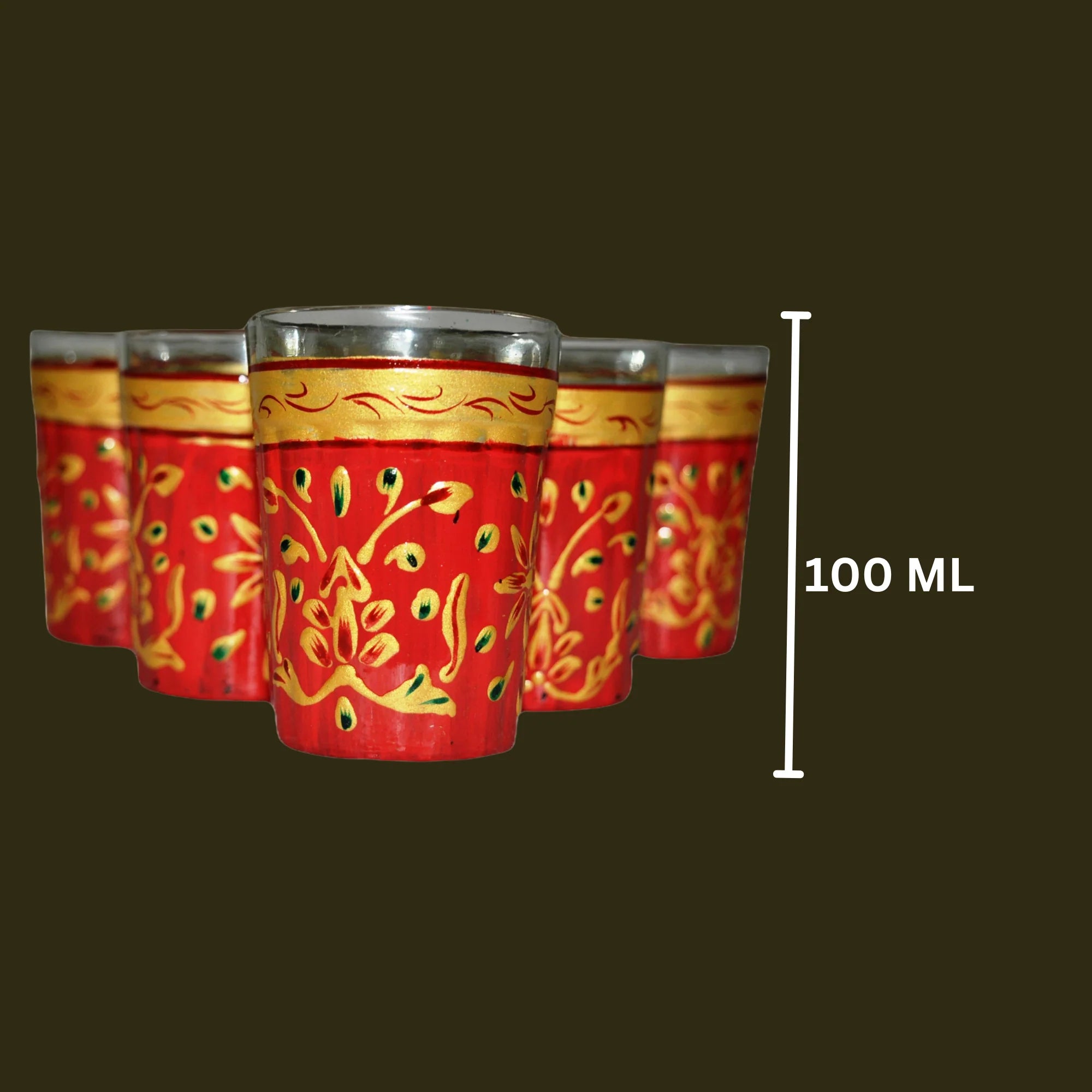 Decorative Hand Painted Flower Tea Glass Set with Stand - Dark Red