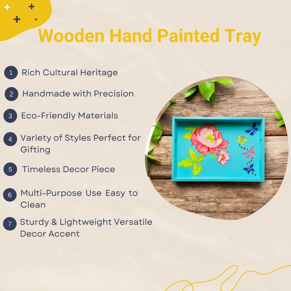 Wooden Hand Painted Serving Tray Flower Design