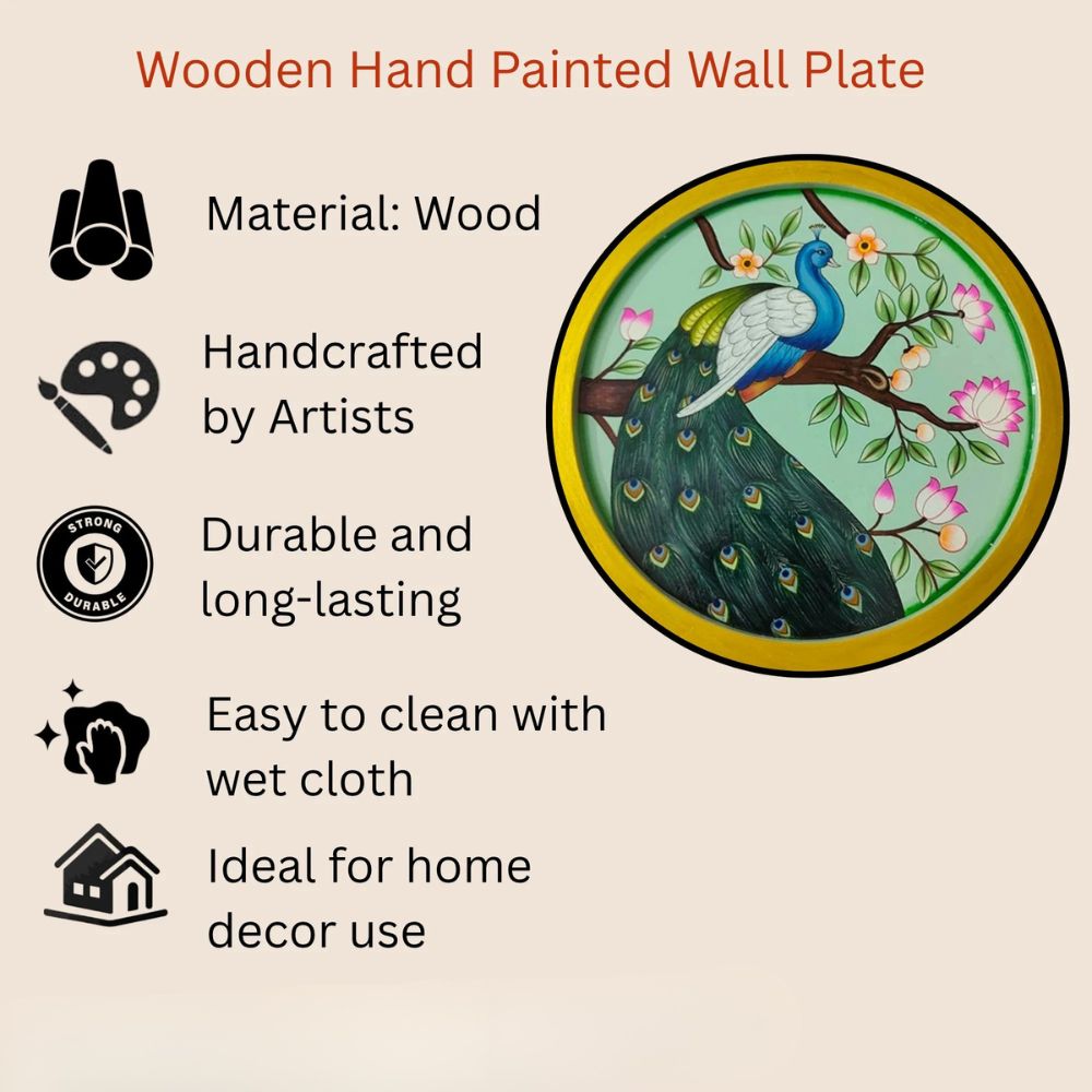 Hand-Painted Wooden Wall Plate-Regal Peacock Design