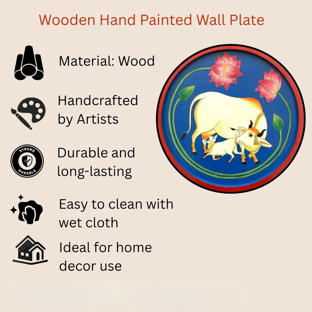 Handmade Pichwai Wooden Wall Plate with Lotus & Kamdhenu