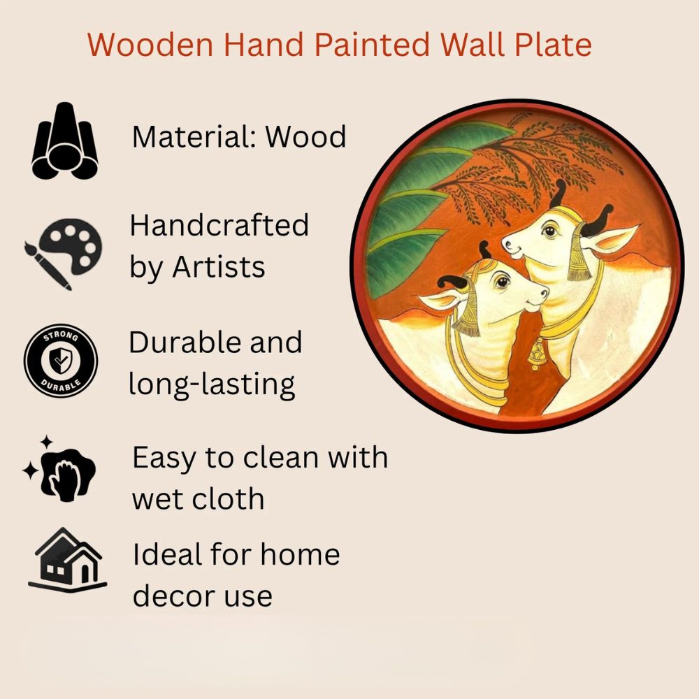 Hand Painted Wooden Round Plates Wall Cow Design