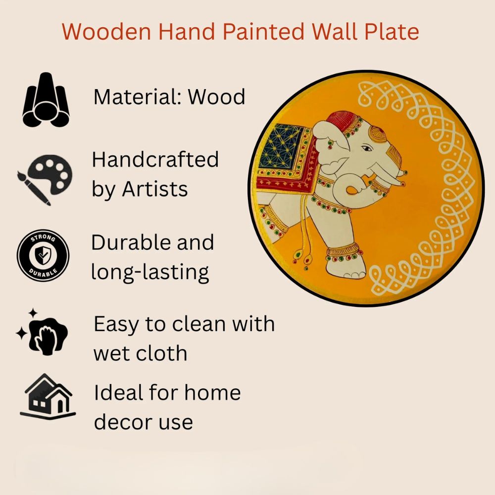 Hand Painted Pichwai Wooden Wall Plate-Elephant
