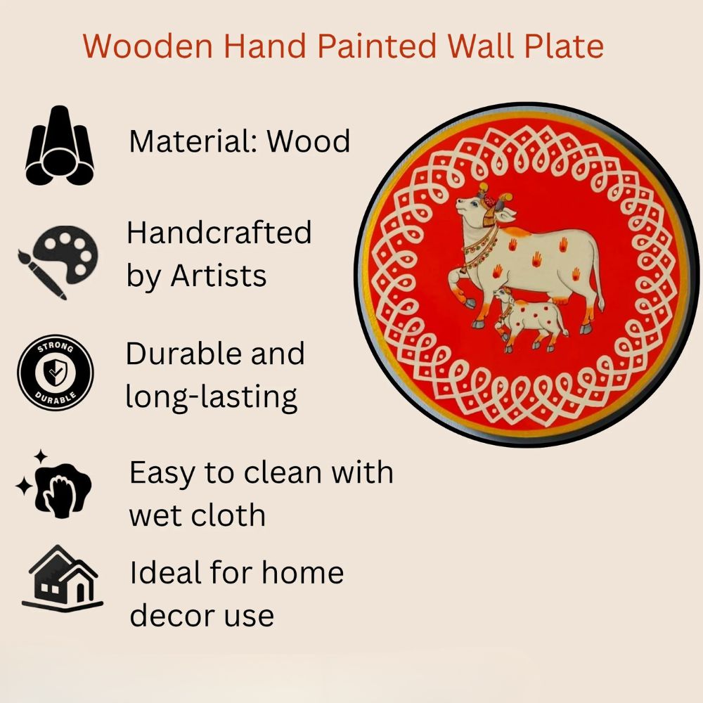 Hand Painted Pichwai Wooden Wall Plate - Divine Cow & Calf