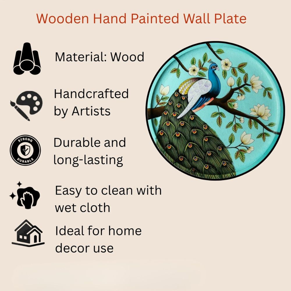 Wooden Hand-Painted Peacock Decorative Plate