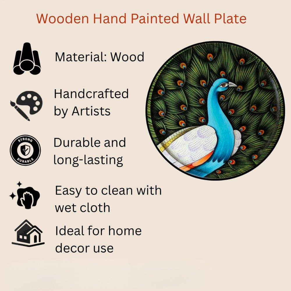 Hand Painted Wooden Wall Plate Vibrant Peacock Motif Main image