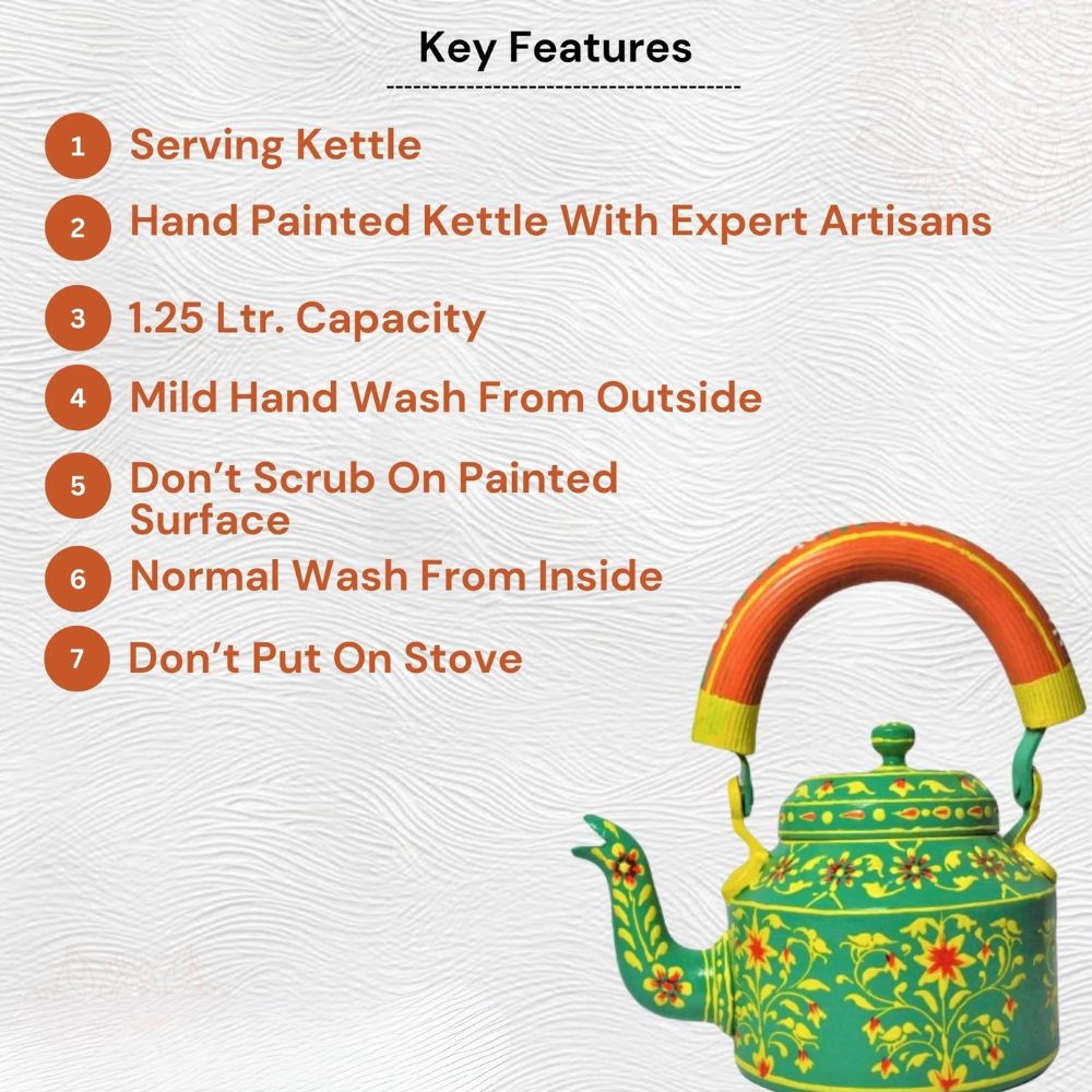 Hand Painted Aluminium Kettle Jute Stand 6 Glass Set - Green