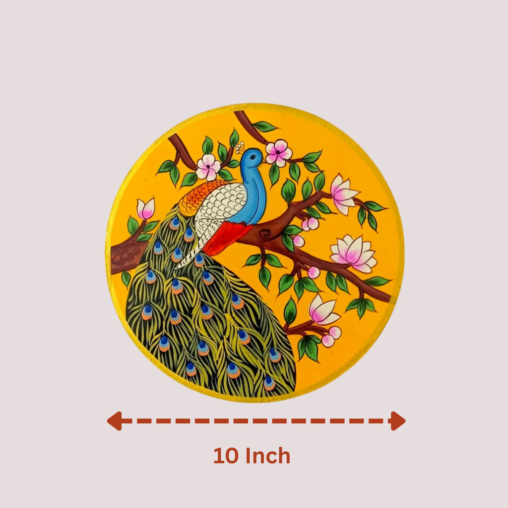 Hand-Painted Peacock Wooden Wall Plate – Floral Grace