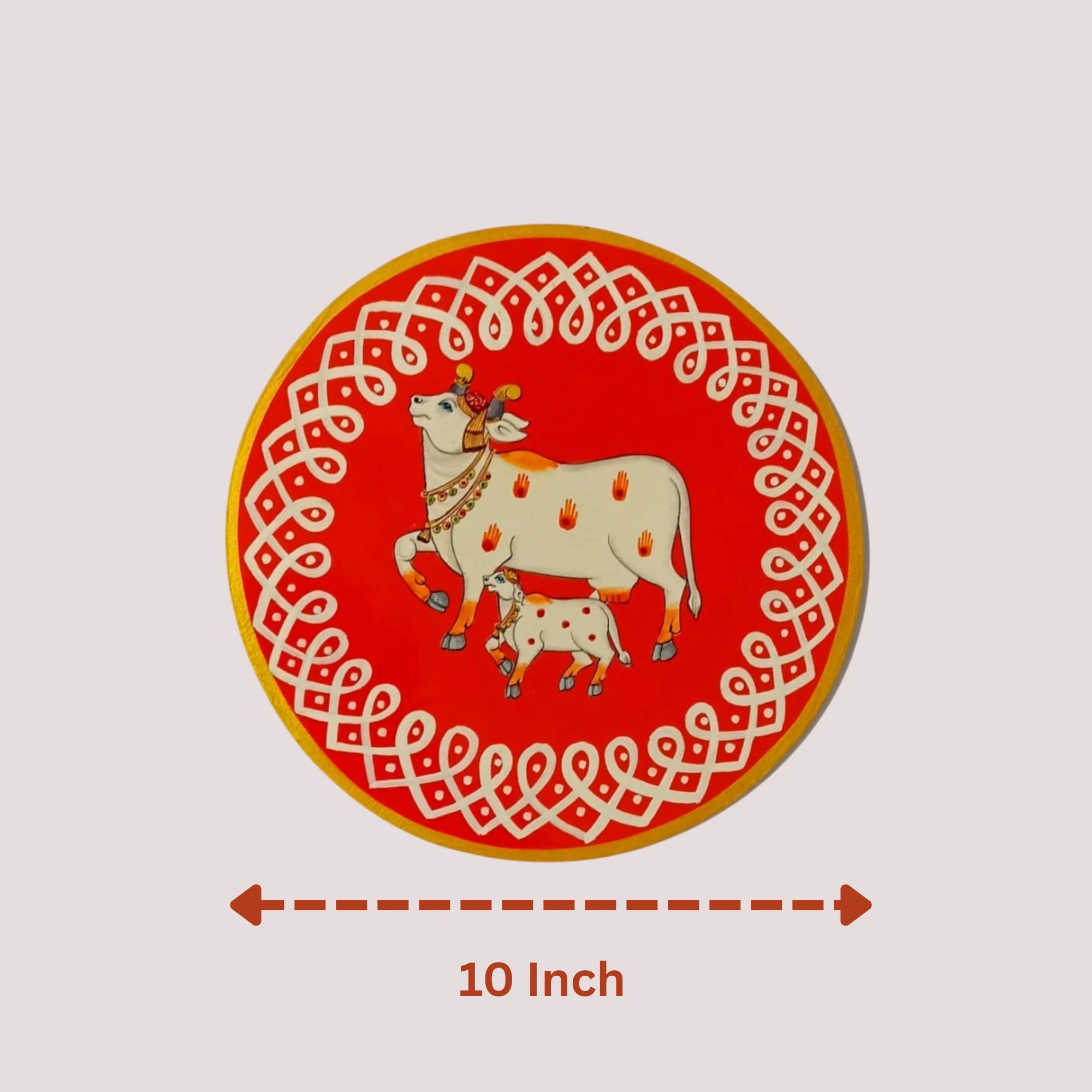 Hand Painted Pichwai Wooden Wall Plate - Divine Cow & Calf