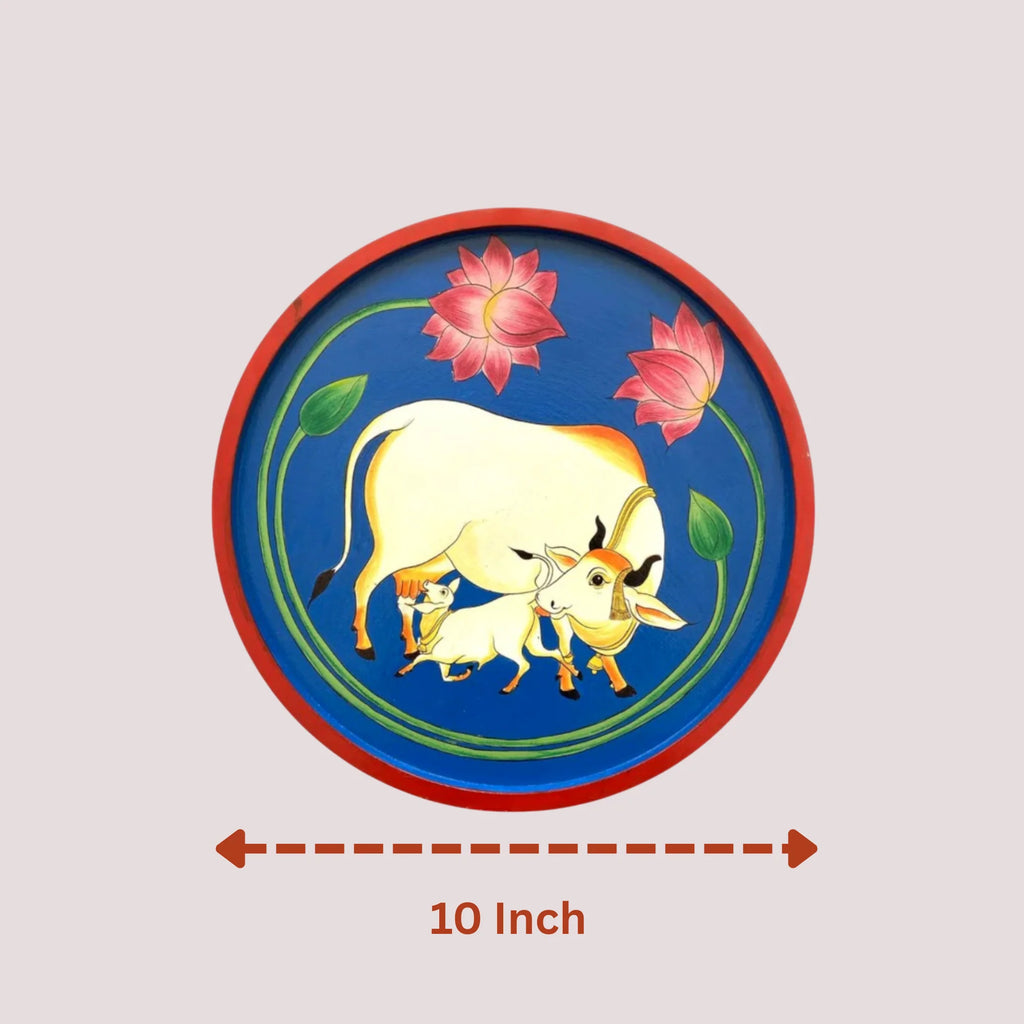 Handmade Pichwai Wooden Wall Plate with Lotus & Kamdhenu