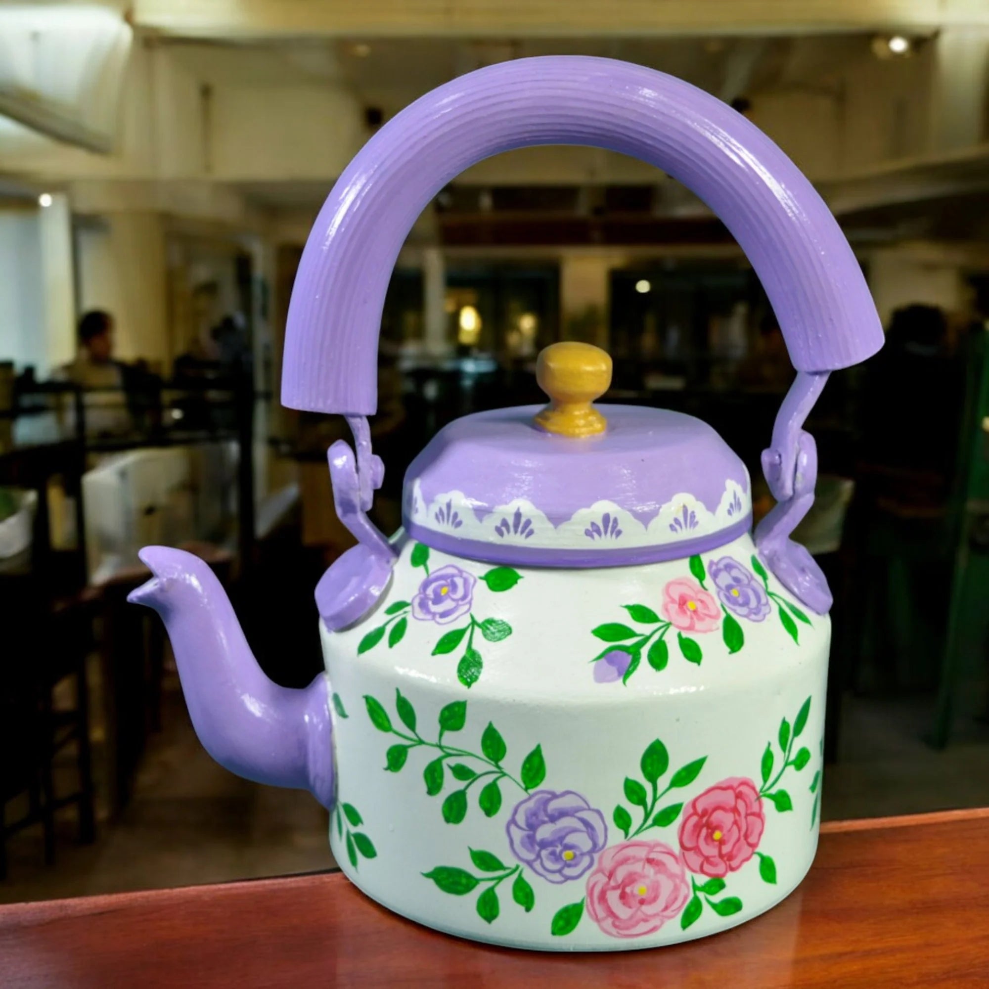 Hand Painted Aluminum Flower Tea Kettle With Wooden Trolley Glass Set Secondary image