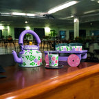 Hand Painted Aluminum Flower Tea Kettle With Wooden Trolley Glass Set