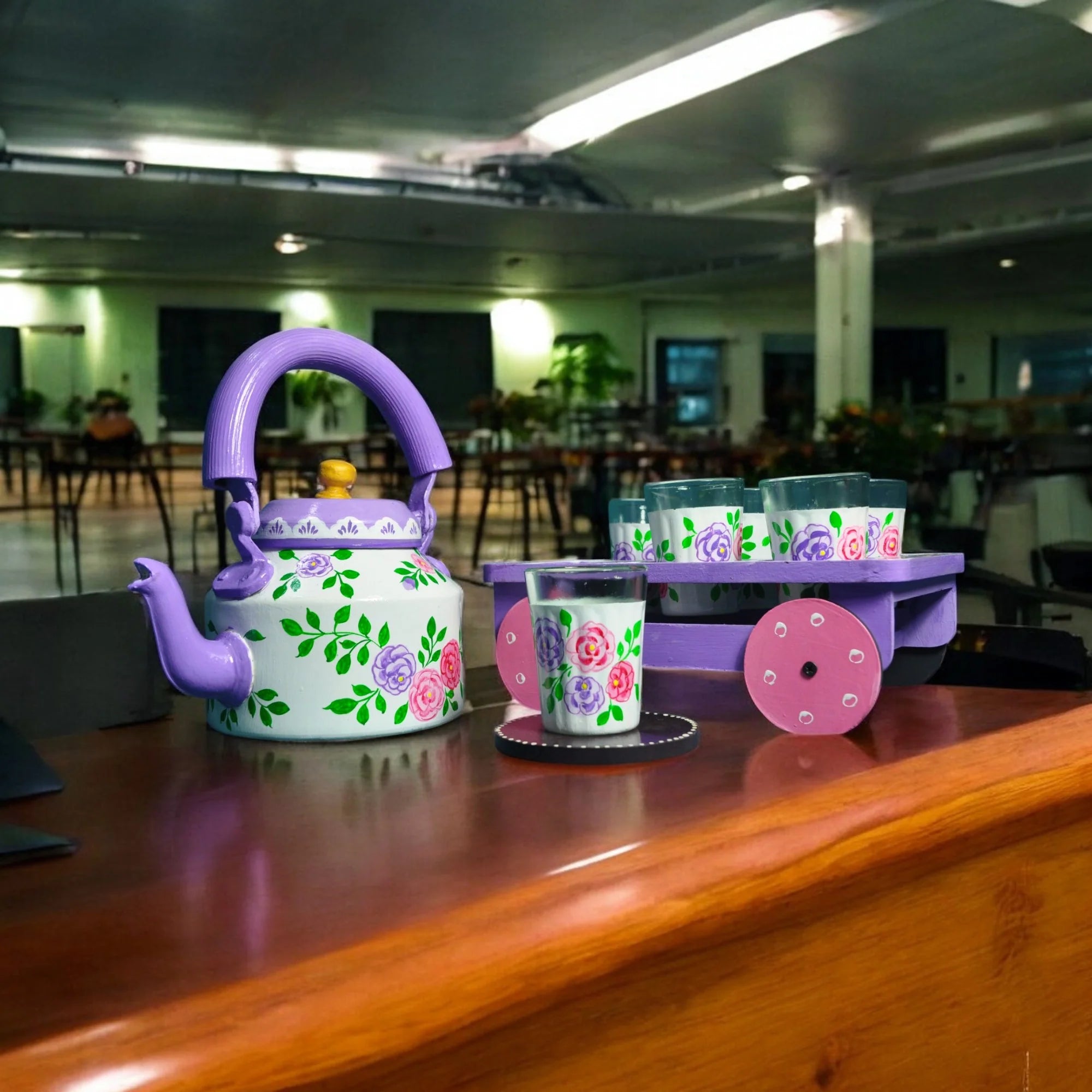Hand Painted Aluminum Flower Tea Kettle With Wooden Trolley Glass Set Main image