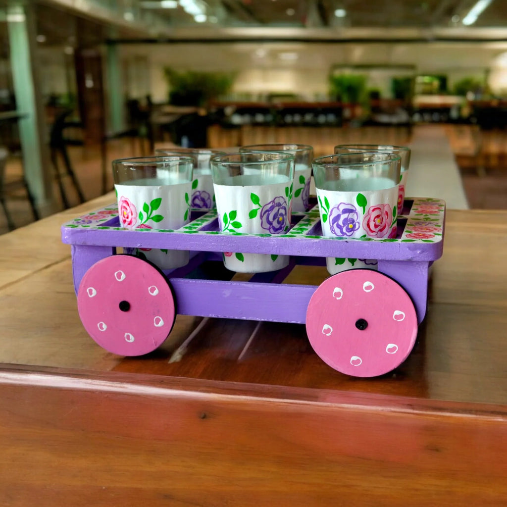 Hand Painted Aluminum Flower Tea Kettle With Wooden Trolley Glass Set