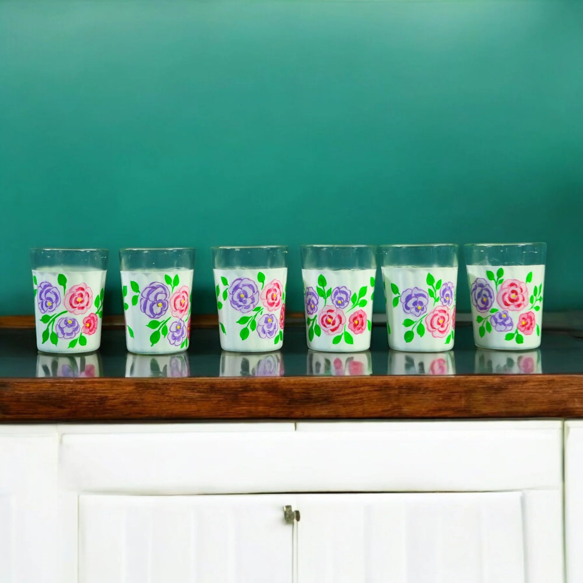 Hand Painted Aluminum Flower Tea Kettle With Wooden Trolley Glass Set