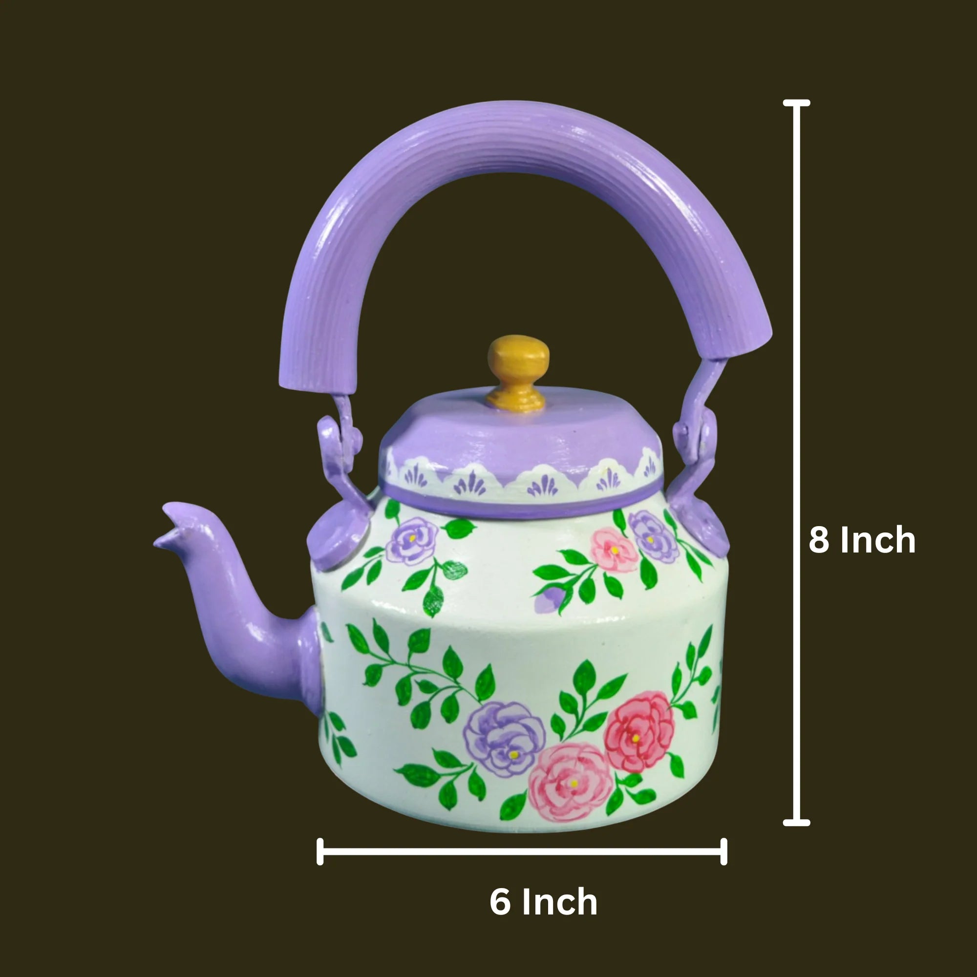 Hand Painted Aluminum Flower Tea Kettle With Wooden Trolley Glass Set