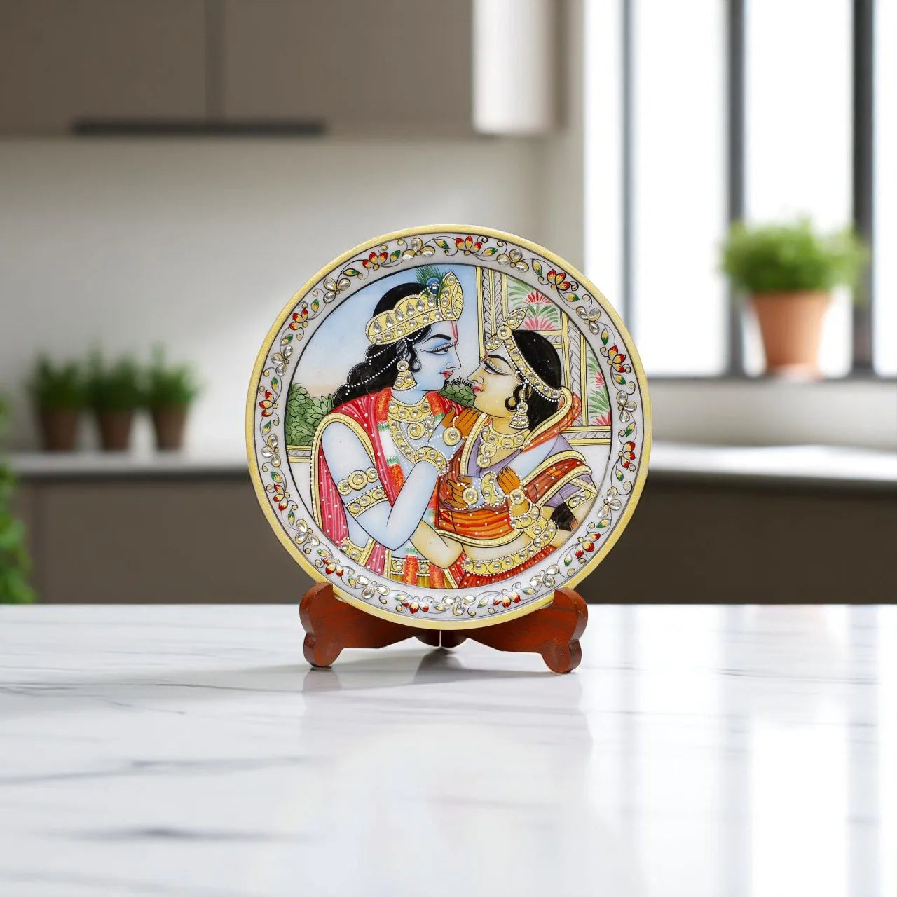 Marble Round Radha Krishan Plate With Wood Stand Main image