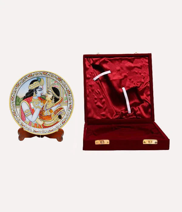 Marble Round Radha Krishan Plate With Wood Stand
