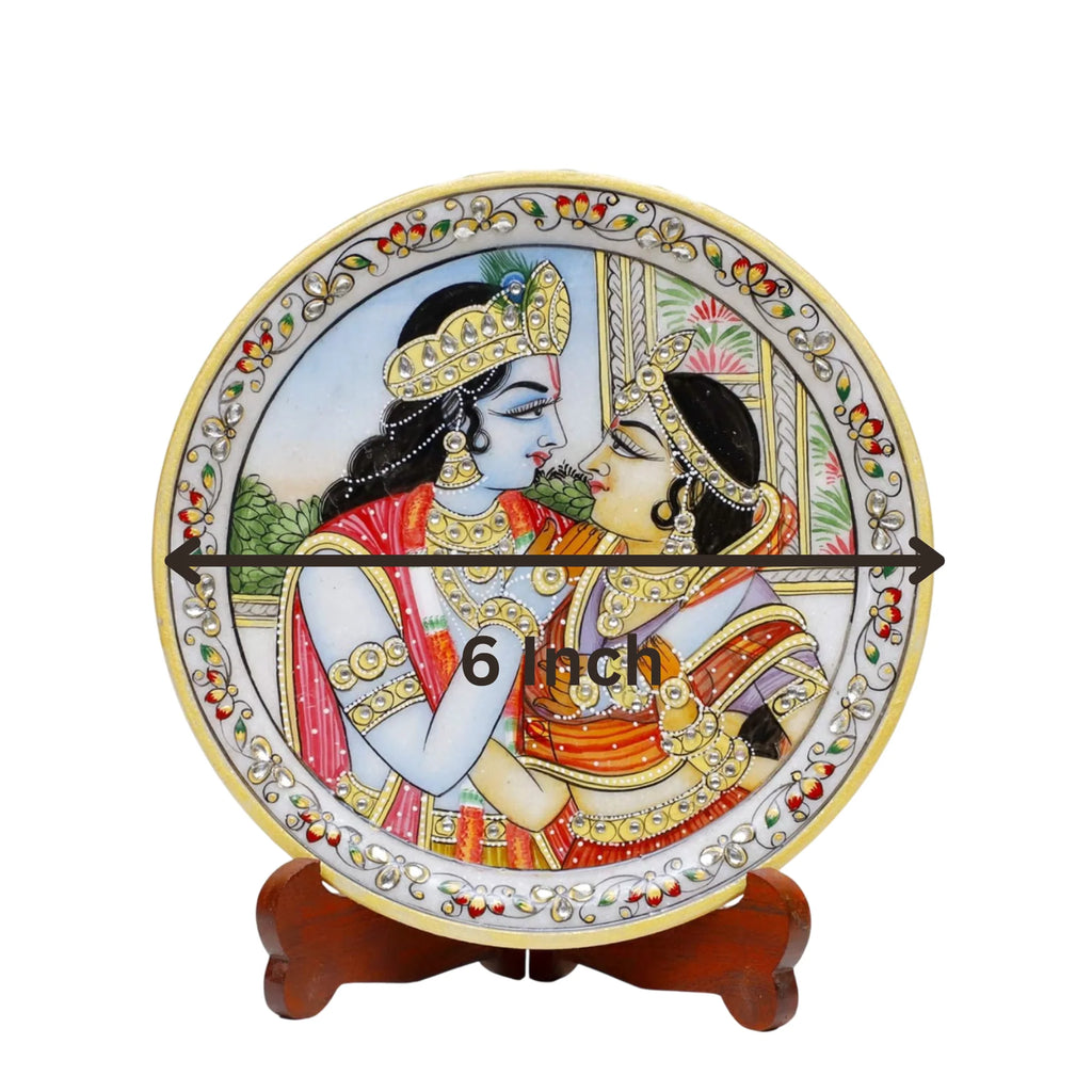 Marble Round Radha Krishan Plate With Wood Stand