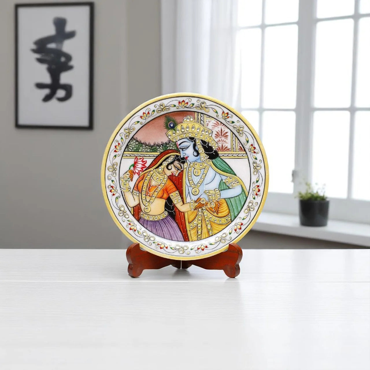 Marble Round Radha Krishan Plate With Wood Stand