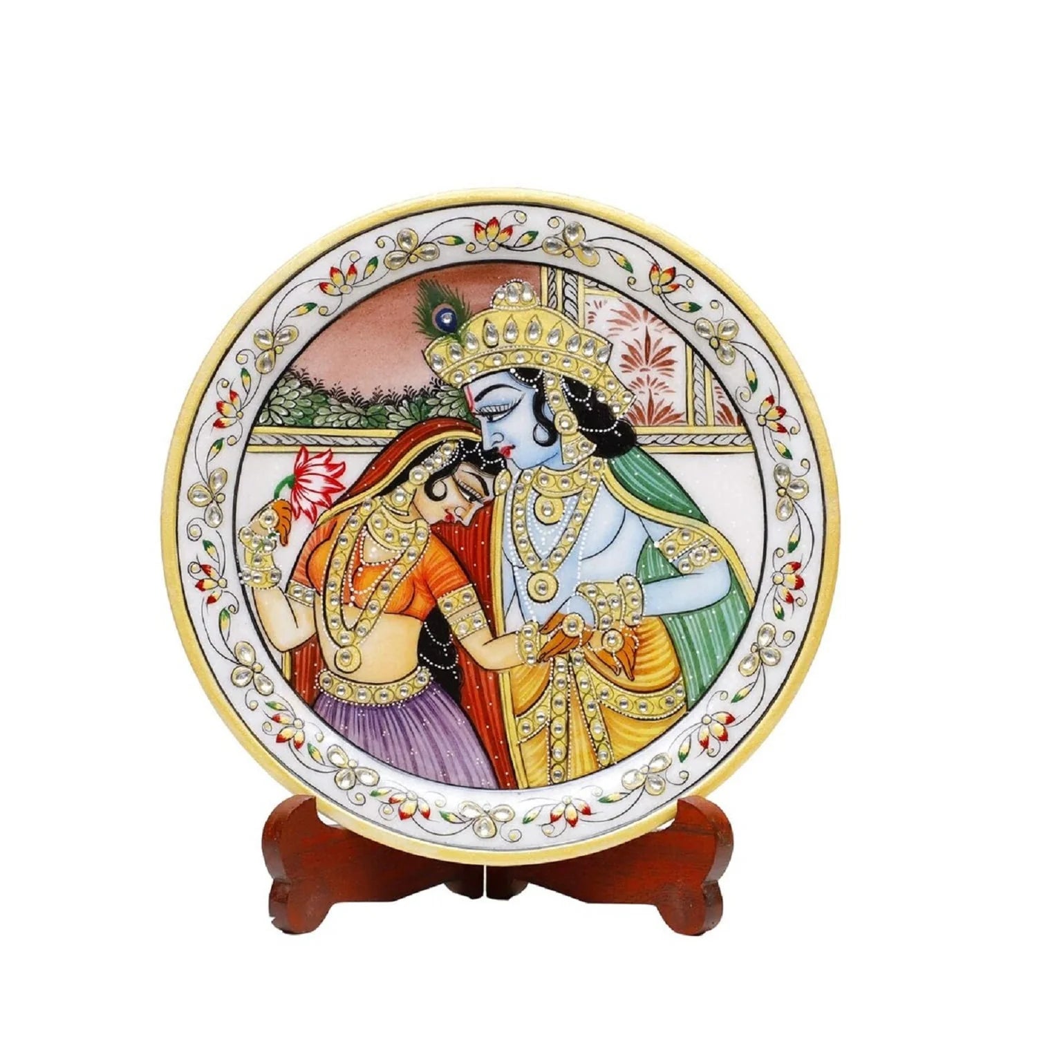 Marble Round Radha Krishan Plate With Wood Stand Secondary image