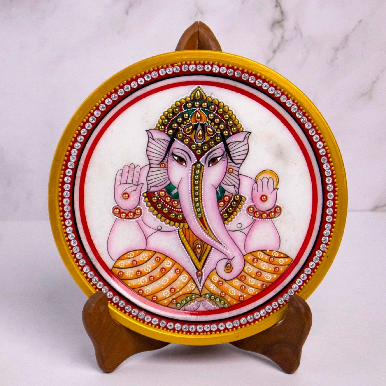 Marble Round Ganesh Plate With Wood Stand Secondary image