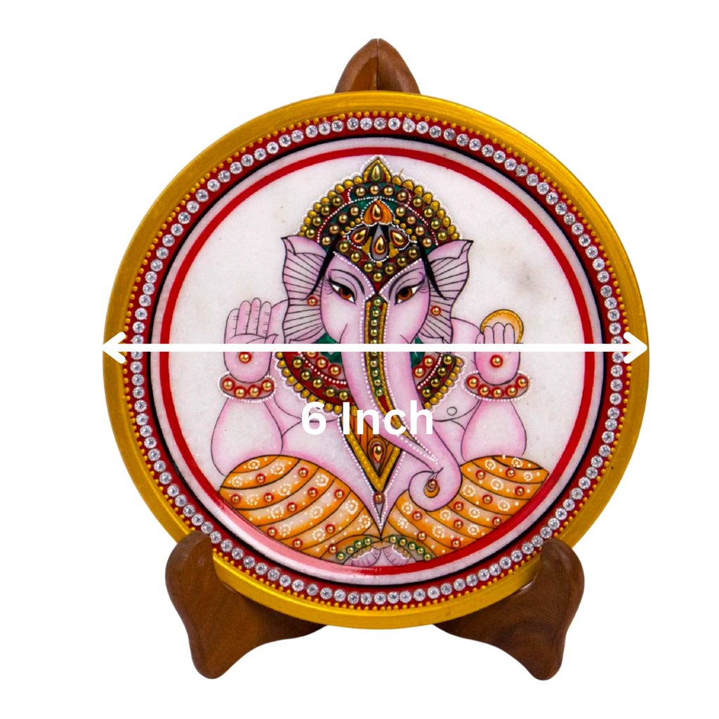 Marble Round Ganesh Plate With Wood Stand