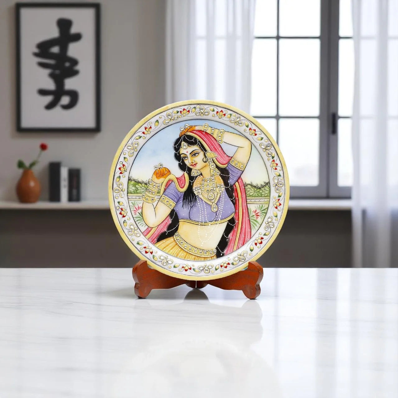 Marble Round Ragini With Ring Plate With Wood Stand