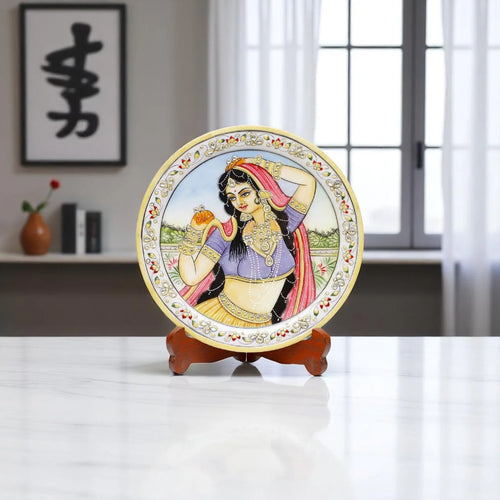 Marble Round Ragini With Ring Plate With Wood Stand
