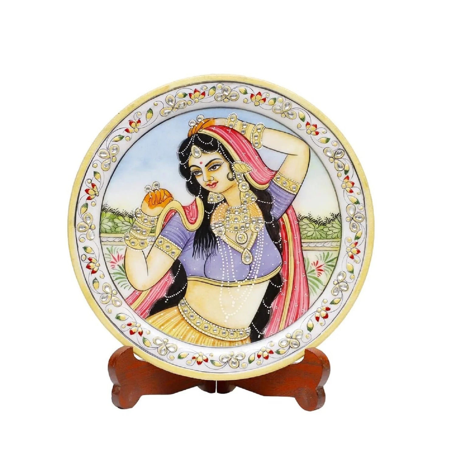 Marble Round Ragini With Ring Plate With Wood Stand Secondary image