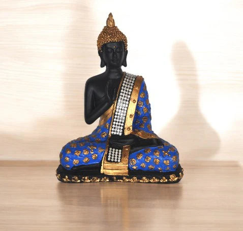Polyresin Meditating Sitting Lord Buddha Showpiece - Cyan and Golden Secondary image
