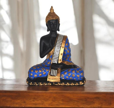 Polyresin Meditating Sitting Lord Buddha Showpiece - Cyan and Golden Main image