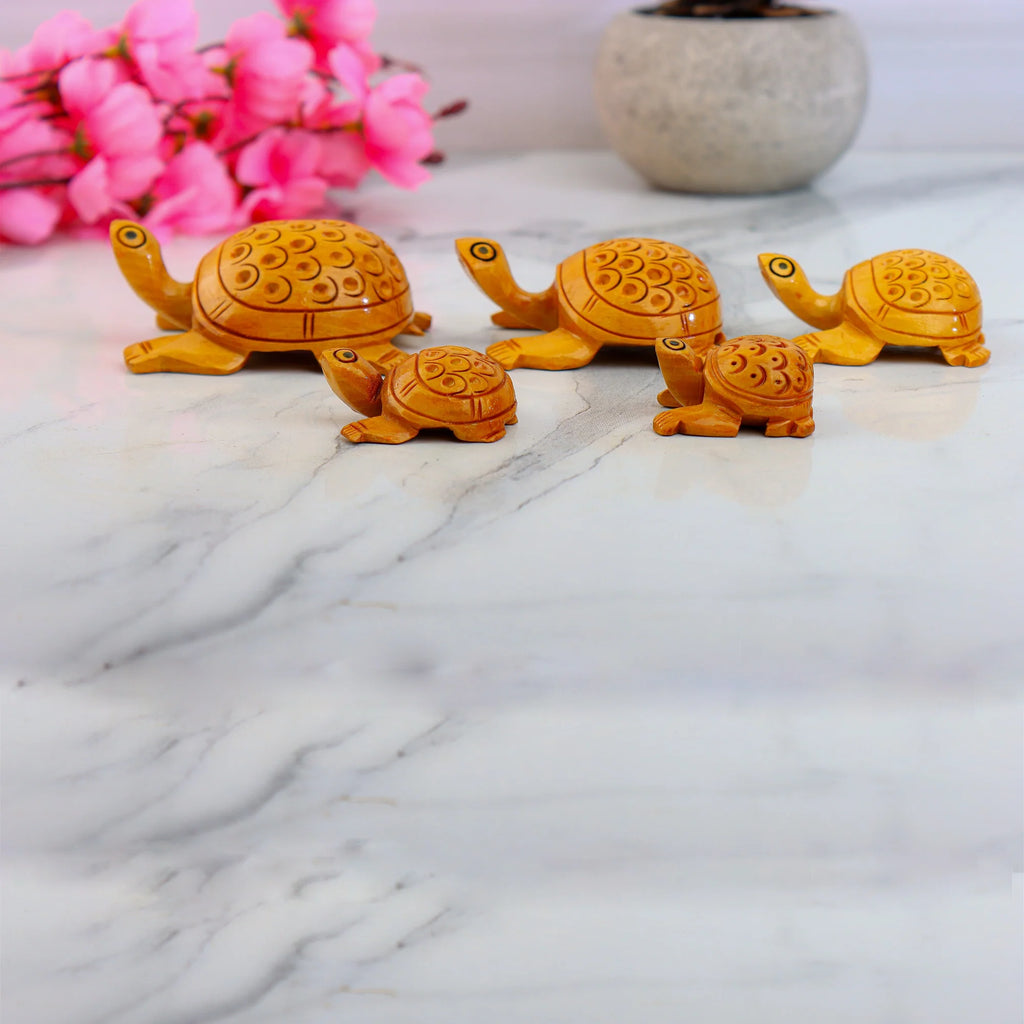 Wooden Tortoise Set Carving Antique Showpiece Set Of 5 Pcs