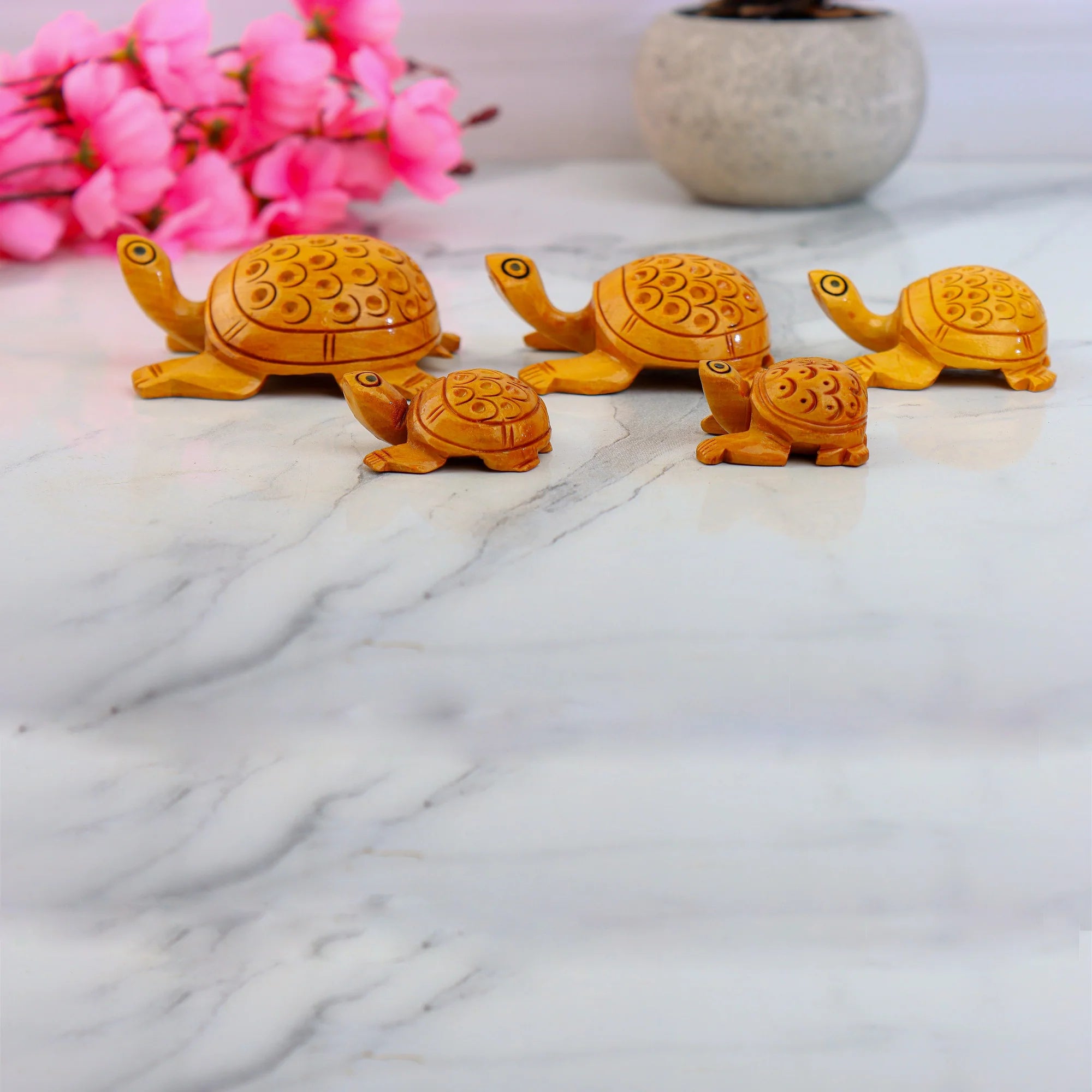 Wooden Tortoise Set Carving Antique Showpiece Set Of 5 Pcs