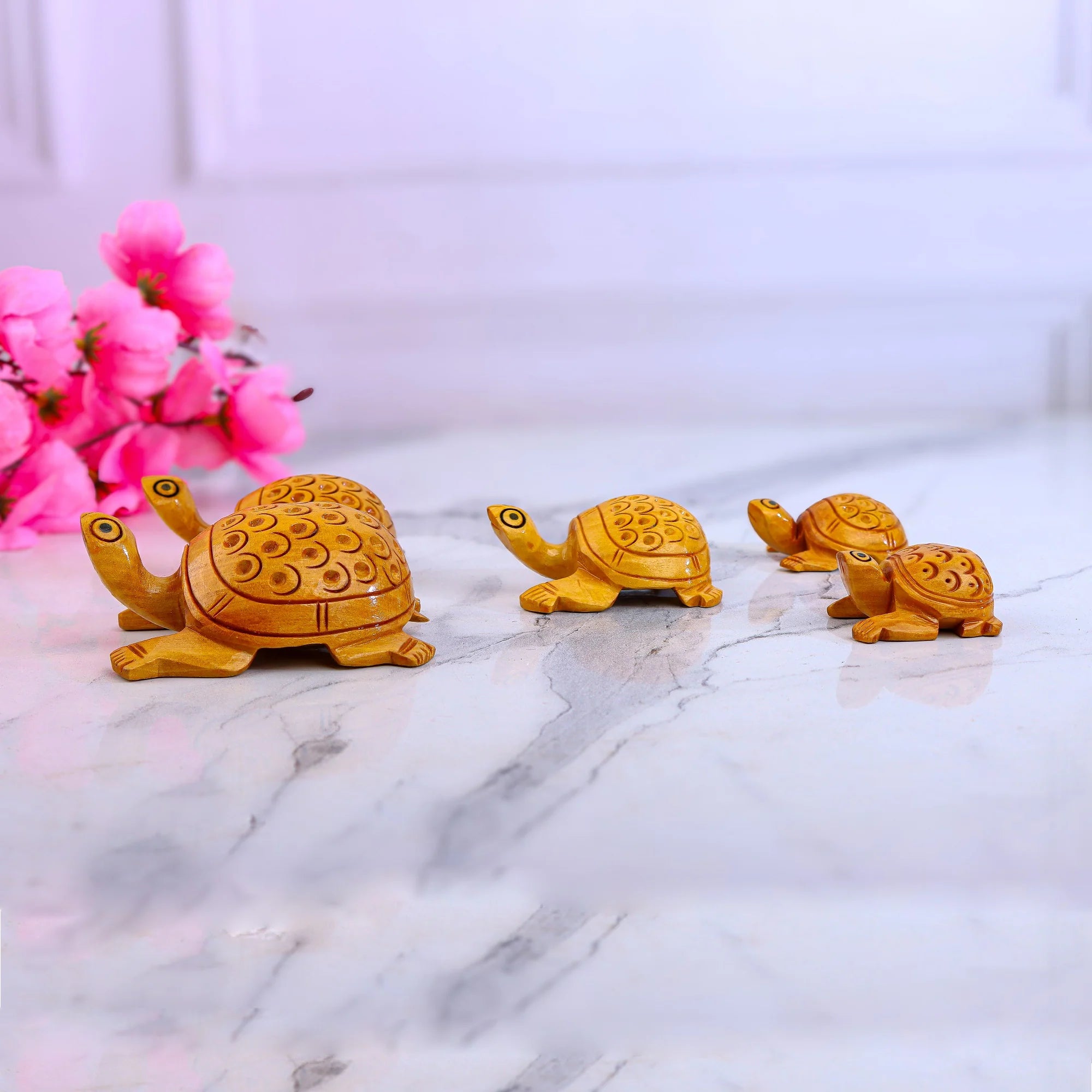 Wooden Tortoise Set Carving Antique Showpiece Set Of 5 Pcs