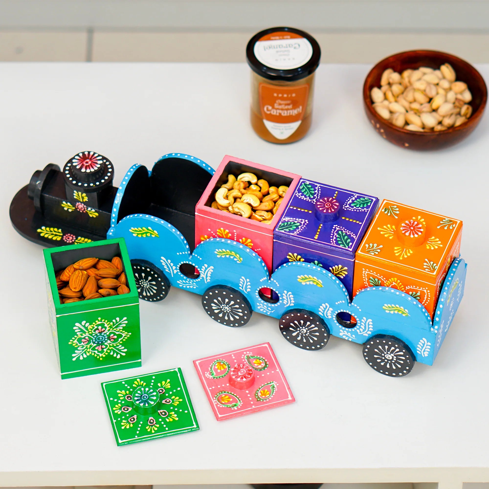 Wooden Train Shape Dry Fruit Holder 4 Box Main image