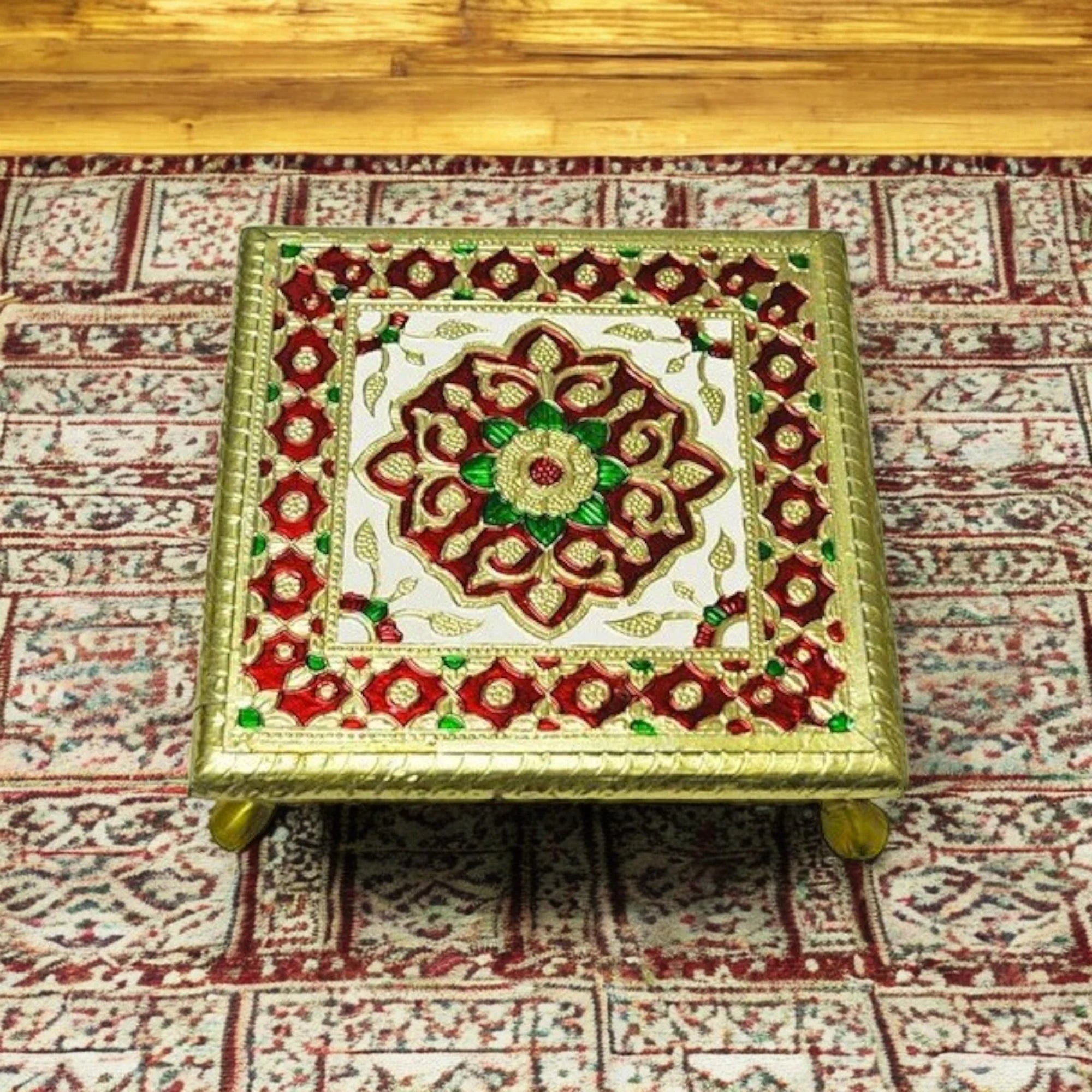 Meenkari Aluminium Metal Leg Chowki - 12X12 Inch Multicolour Main image