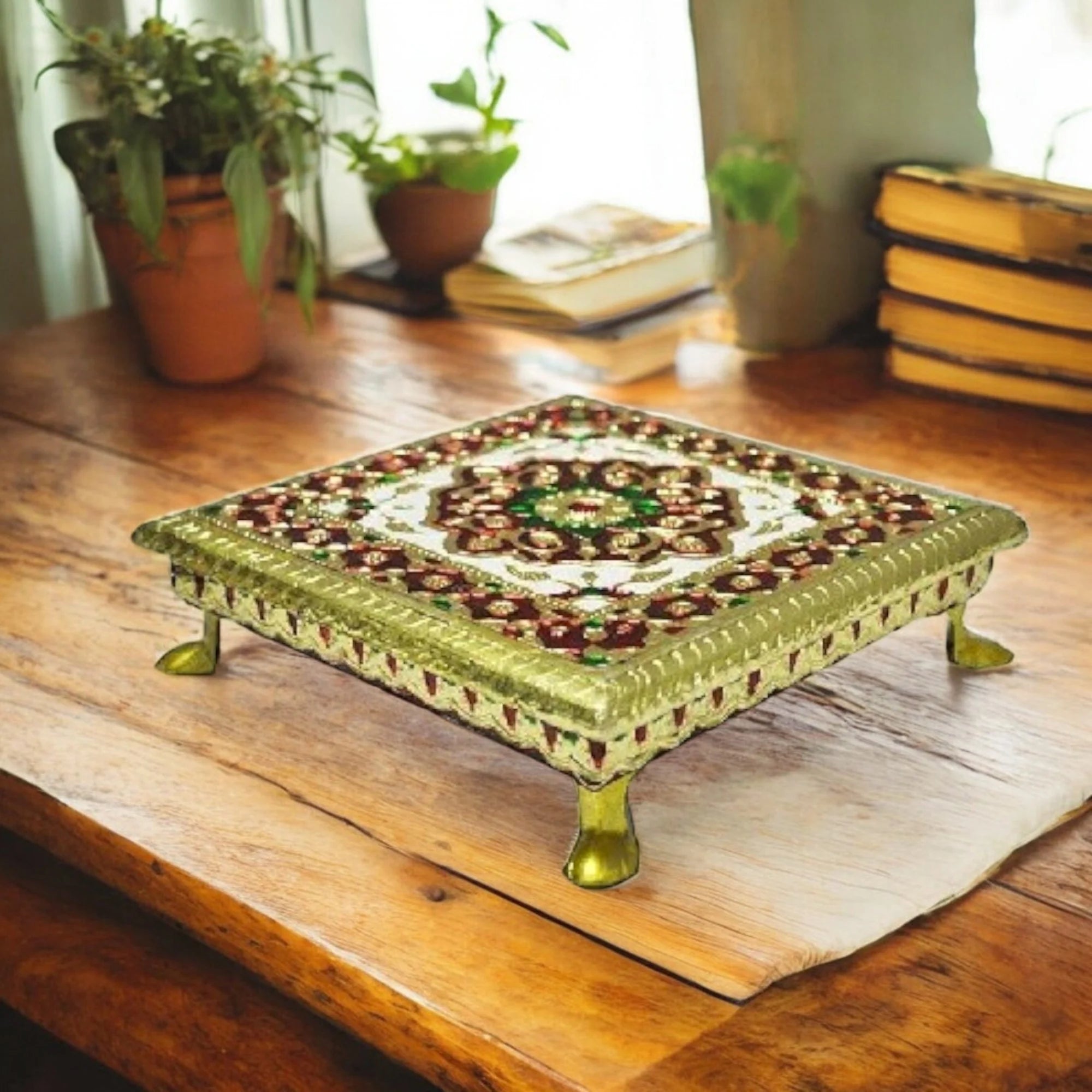 Meenkari Aluminium Metal Leg Chowki - 12X12 Inch Multicolour Secondary image