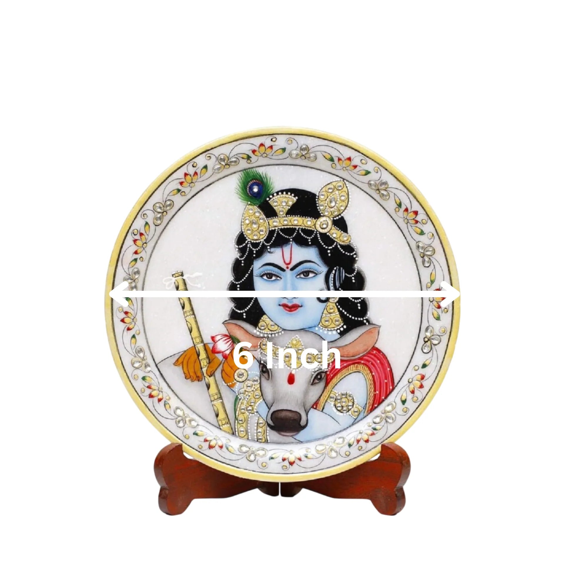 Marble Round Krishan Plate With Wood Stand